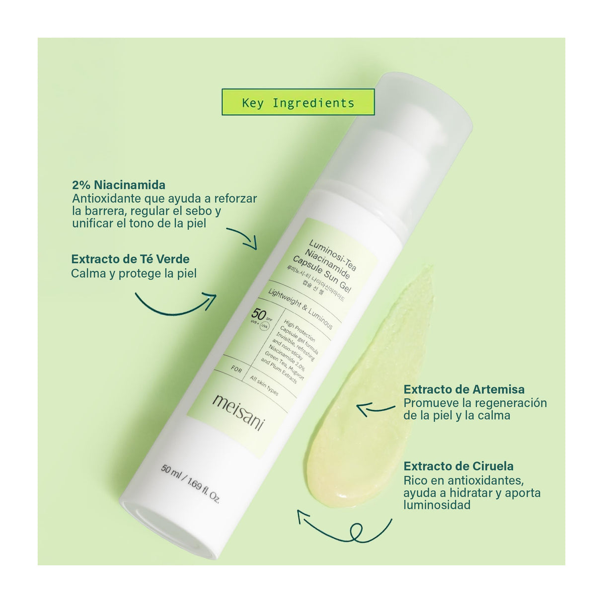 MEISANI | Luminosi-Tea Niacinamide Capsule Sun Gel SPF50 - 50ml