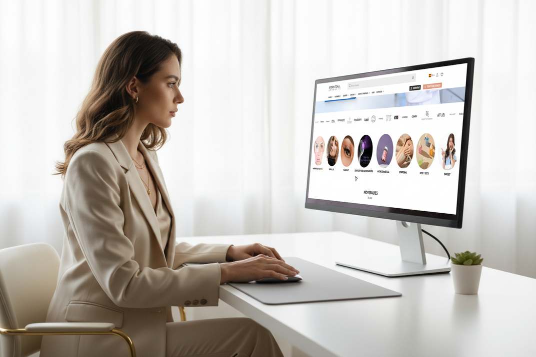 Proceso de compra - chica con ratón y web International Cosmetic