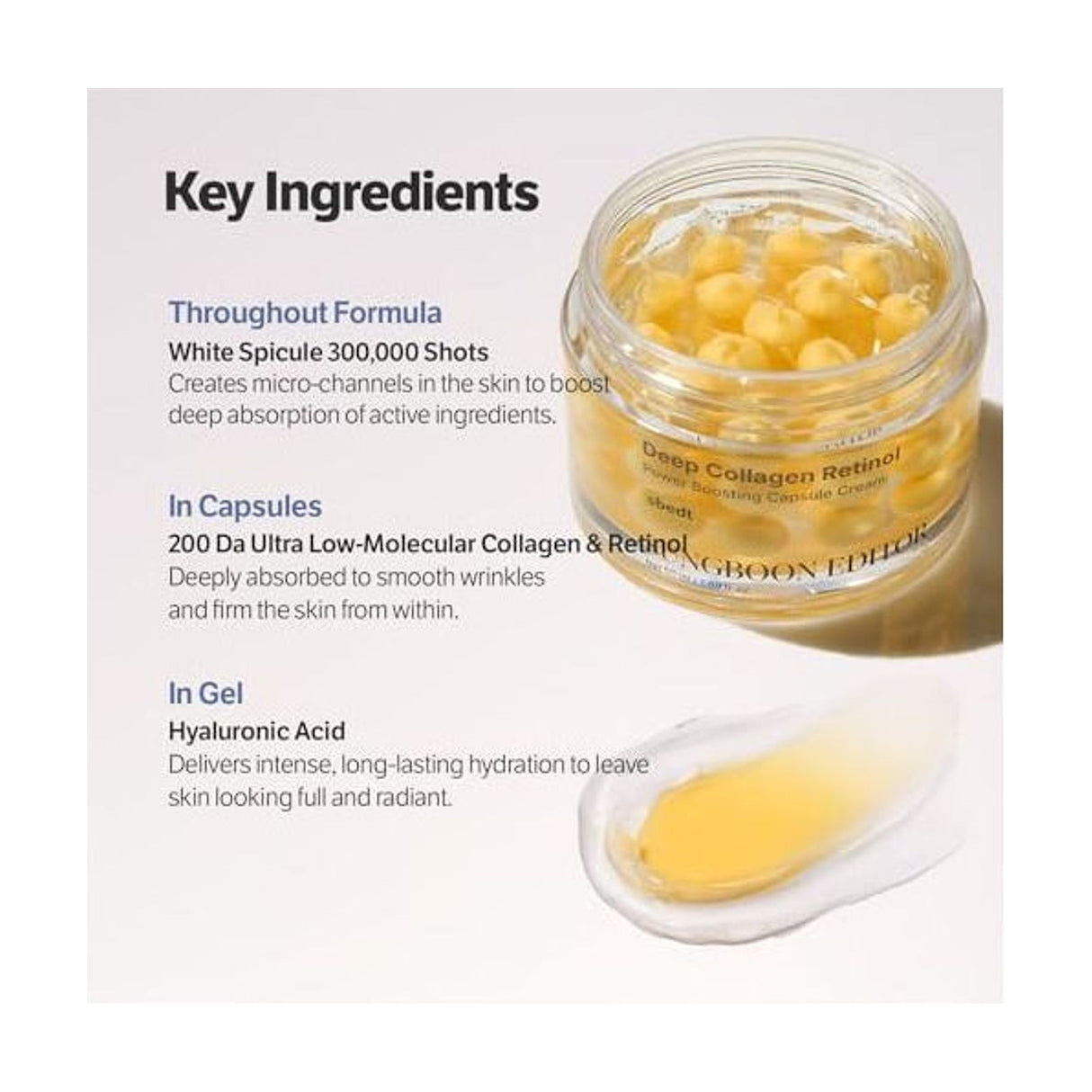 SUNGBOON EDITOR Collagen Retinol Power Boosting Capsule Cream - 50ml: ingredientes clave y tecnología de la fórmula, detalle complementario; protección solar y cuidado de la piel