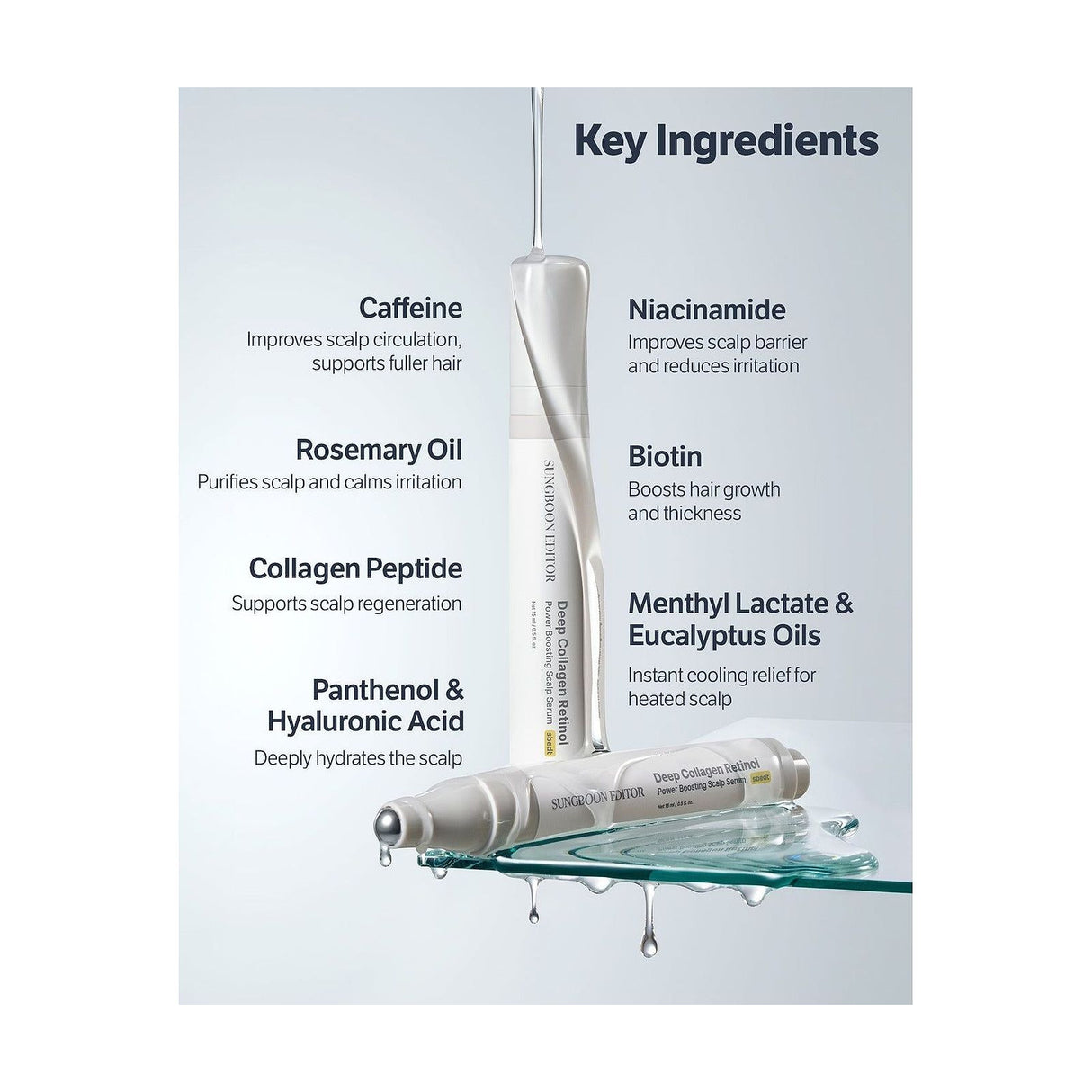 SUNGBOON EDITOR Deep Collagen Retinol Power Boosting Scalp Serum - 15ml: ingredientes clave y tecnología de la fórmula, comparativa adicional; protección solar y cuidado de la piel