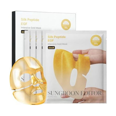 SUNGBOON EDITOR Silk Peptide EGF Intensive Gold Mask - 4Uds: envase o producto exacto sobre fondo blanco; protección solar y cuidado de la piel